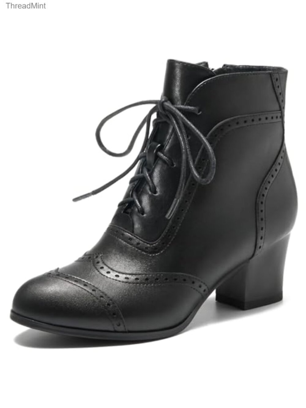Faux Leather Lace Up Ankle Boots Victorian Side Zipper Block Heel